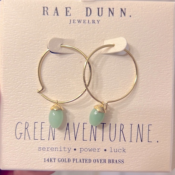 Rae Dunn Jewelry - Gold Plated Hoops with Green Aventurine 1 inch - Picture 1 of 1
